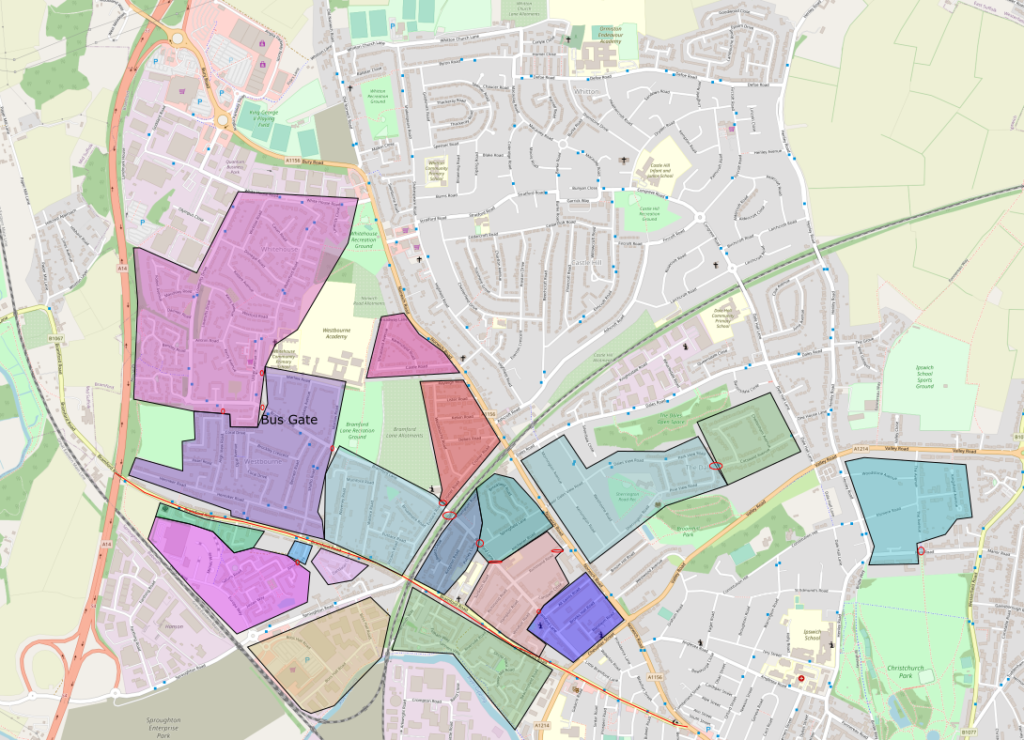 Map showing my proposed cells in the area around Bramford Road and Norwich Road.