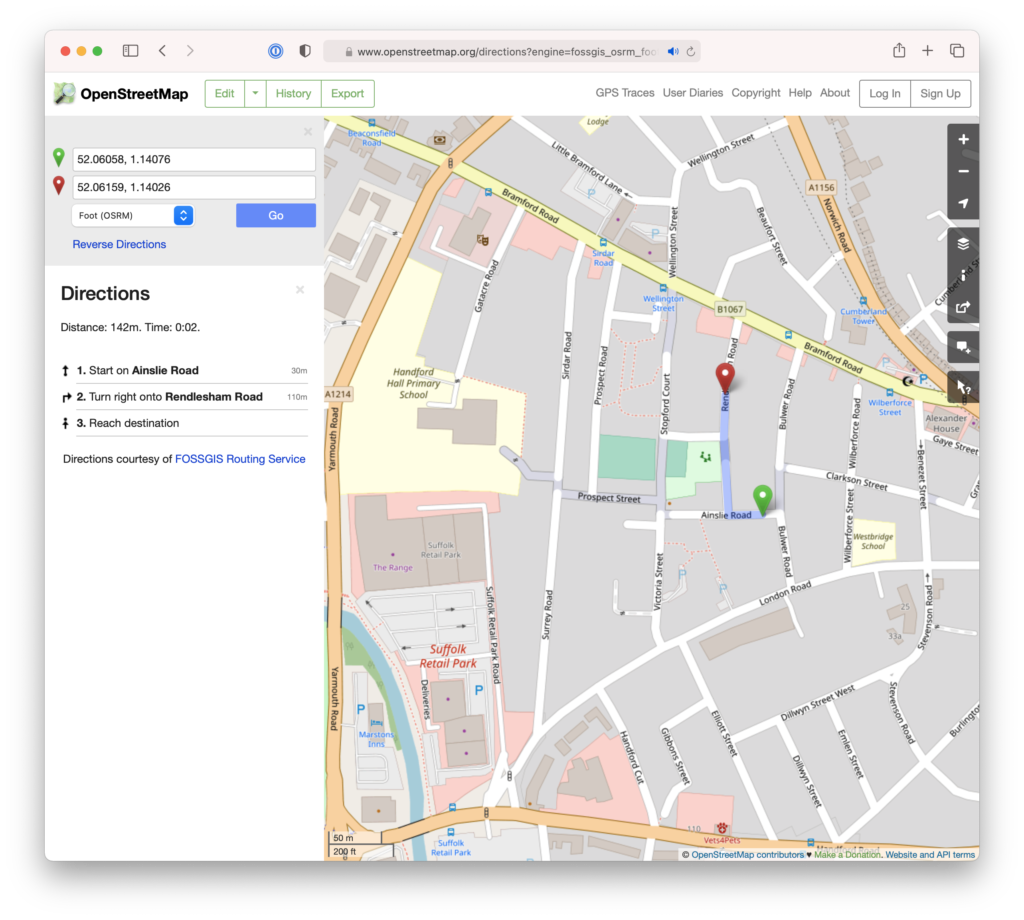 Map showing the shorter walking route.