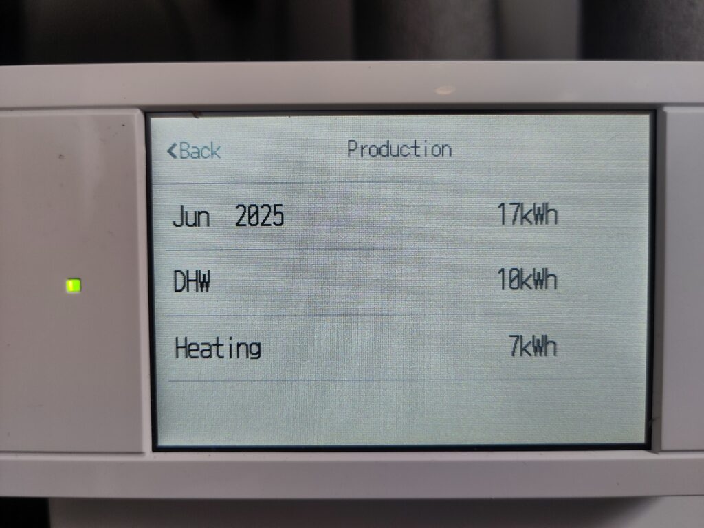 Heat pump controller showing production split for June 2025 (previous day only) total 17kWh, DHW 10kWh Heating 7kWh.