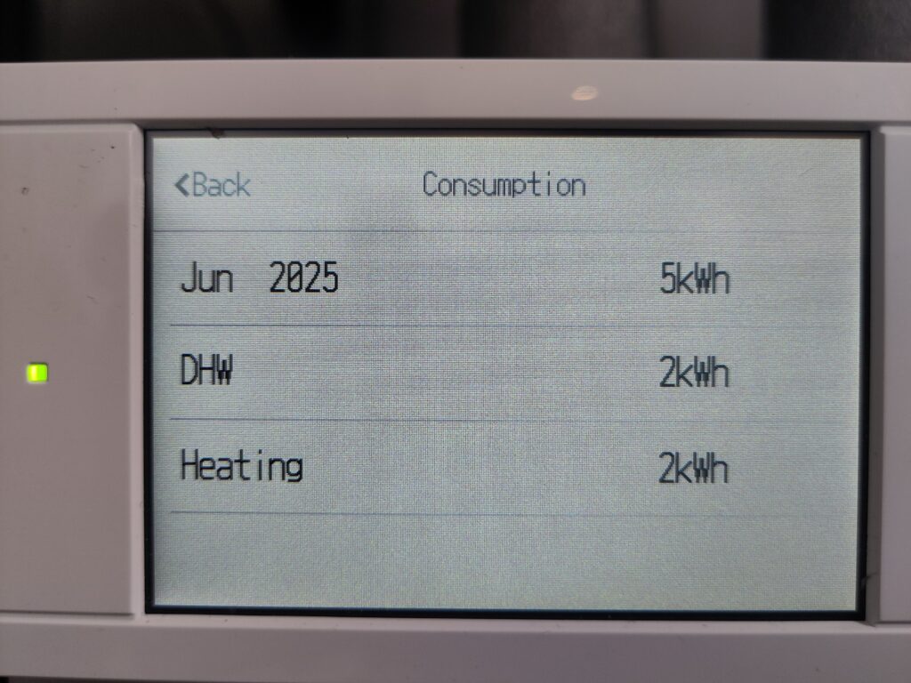 Heat pump controller showing consumption split for June 2025 (previous day only) total 5kWh, DHW 2kWh Heating 2kWh. (Rounding to whole number so total doesn't add up).